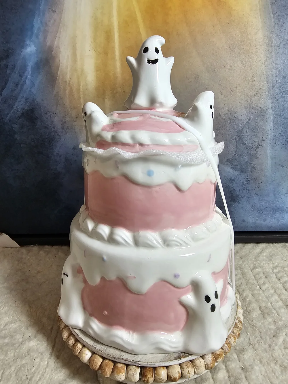 Ghost Tiered Cake Ceramic Treat Jar - Pink and White Halloween